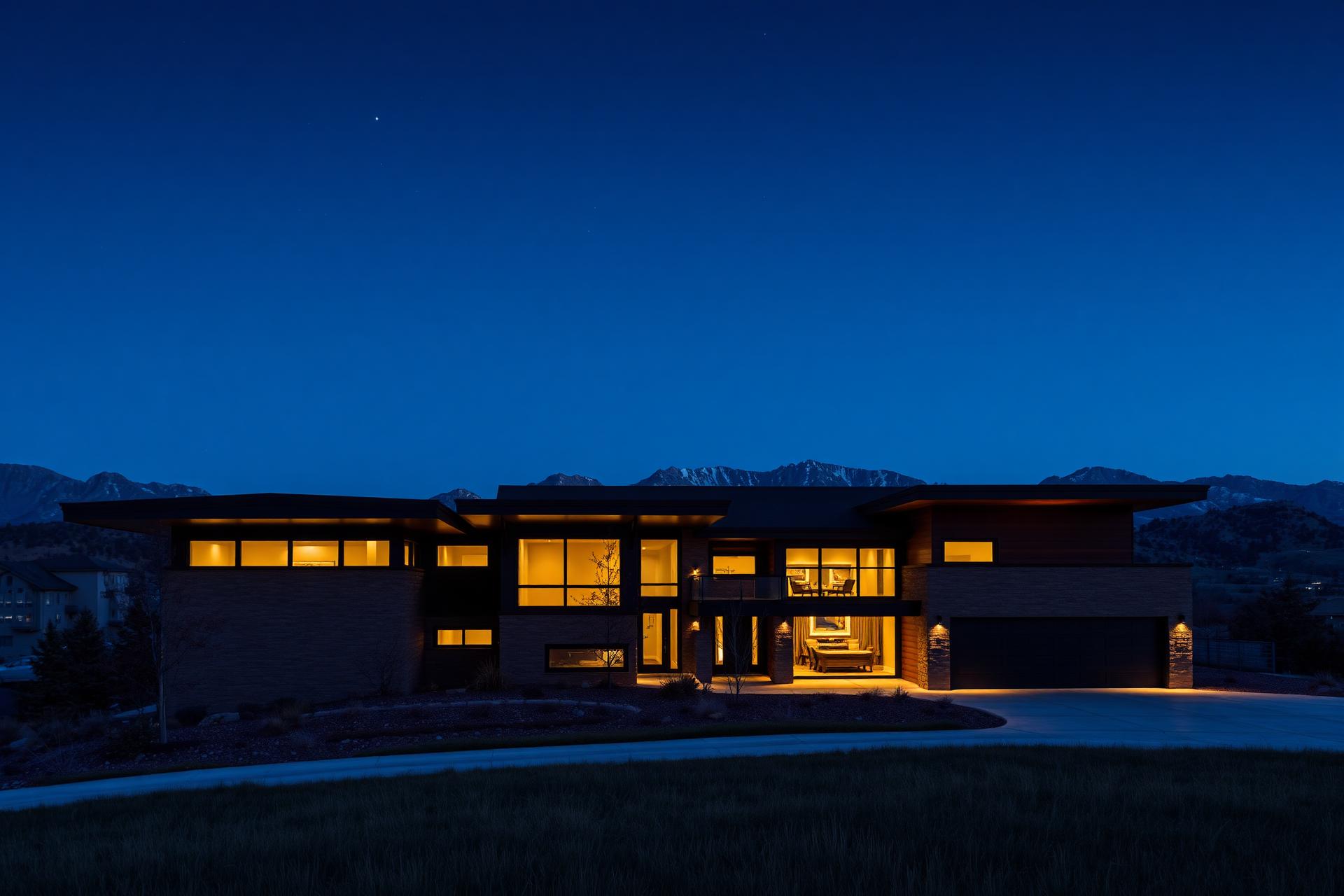 Modern Denver mountain home at golden hour
